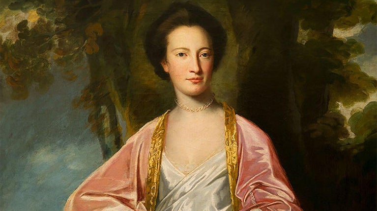 Portrait of Cecilia Strickland by George Romney. She is a young woman from 18th century dressed in a pink and white gown.